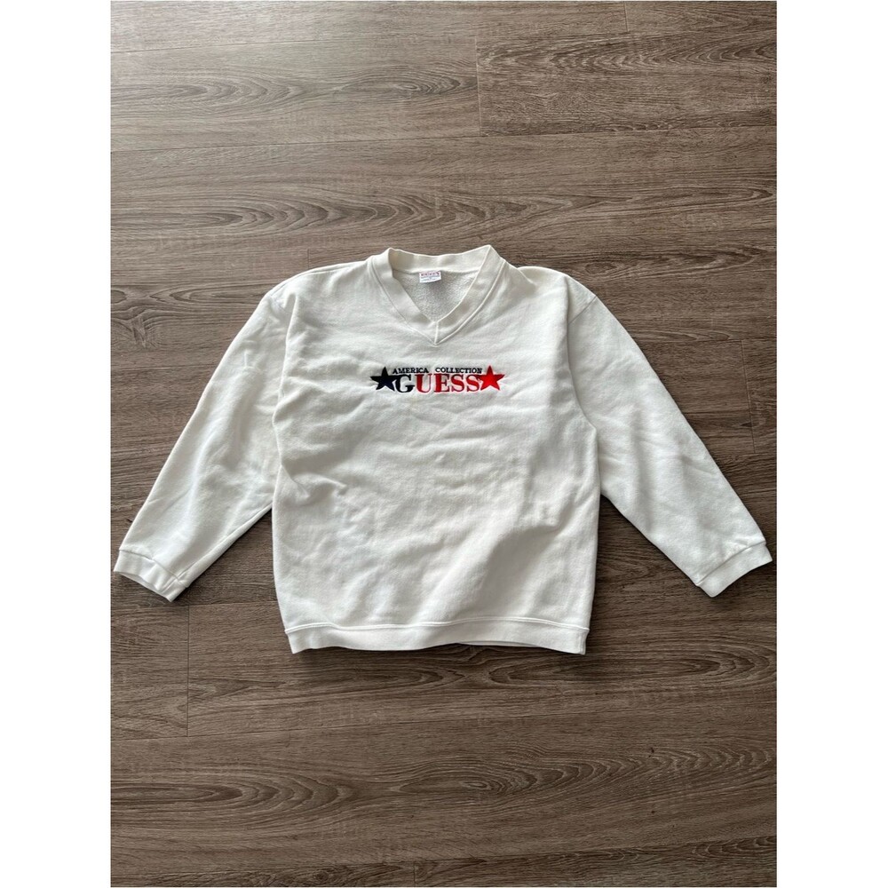 Vintage Guess Georges Marciano V-Neck Sweatshirt Mens M Cream USA Star Logo
